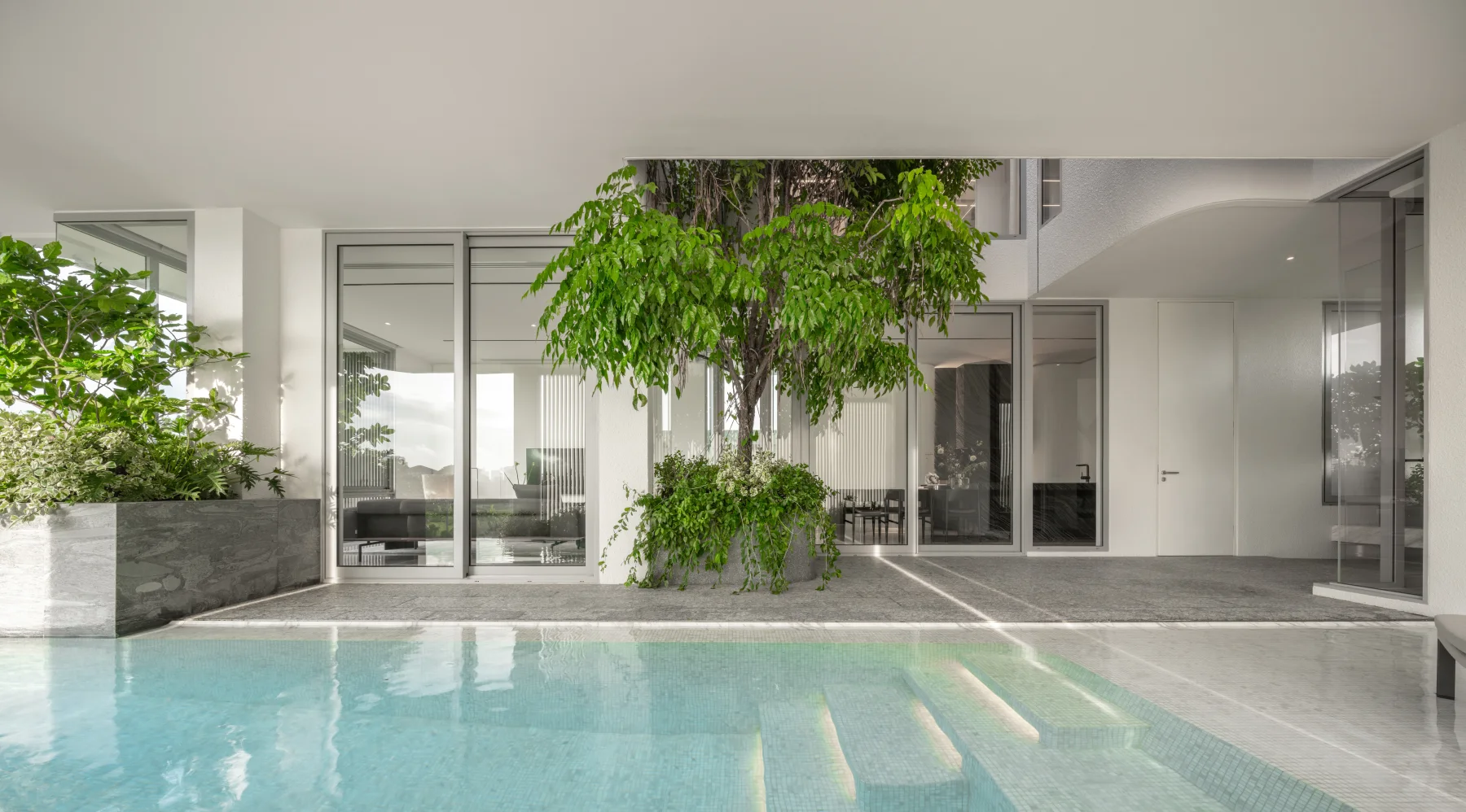 Contemporary residence with a pool and a tree-filled courtyard.