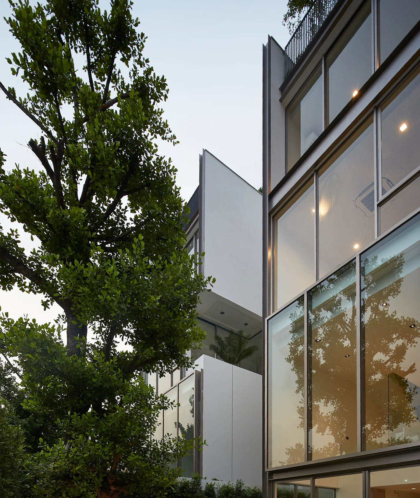 An illuminated glazed façade beside a tree in a project developed by Tom Jakkapat
